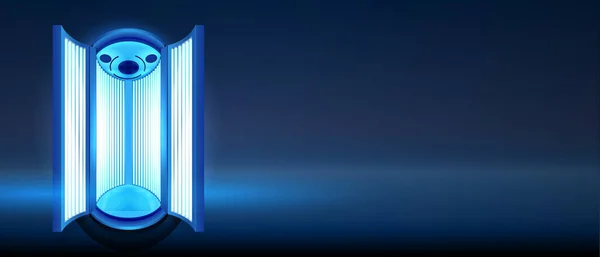 Dikey solaryumda bronzlaşma bayrağı. Solaryum kabininde güneş banyosu ve mavi bronzlaştırıcı lambalar. Spa salonunun reklamı. Gerçekçi 3 boyutlu vektör çizimi. Koyu mavi arkaplan