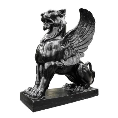 Griffin heykeli beyaz arka planda izole edilmiş. Yan görünüm açısı