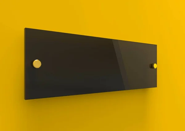 黑色宽矩形透明玻璃名牌板在间隔金属托架上 清晰的品牌印制电路板 黄色背景图片上的广告牌 比例1比3 3D插图 — 图库照片