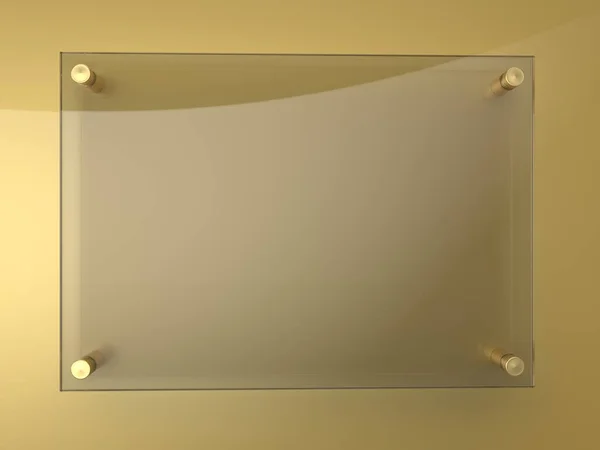 A4 koyu dikdörtgen şeffaf cam levha, uzay metal tutucularda. Markalaşmak için temiz baskı tahtası. Altın arka plandaki Acrilic reklam panosu ön görünüm modeli. 297 x 210 mm.. 3D illüstrasyon