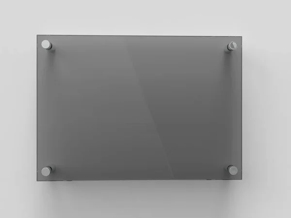 Blank A4 czarne szkło przezroczyste biuro korporacyjne Tabliczka znamionowa szablon, Clear Printing Board for Branding, Logo. Przezroczysty akrylowy szyld reklamowy makieta widok z przodu. Renderowanie 3D — Zdjęcie stockowe