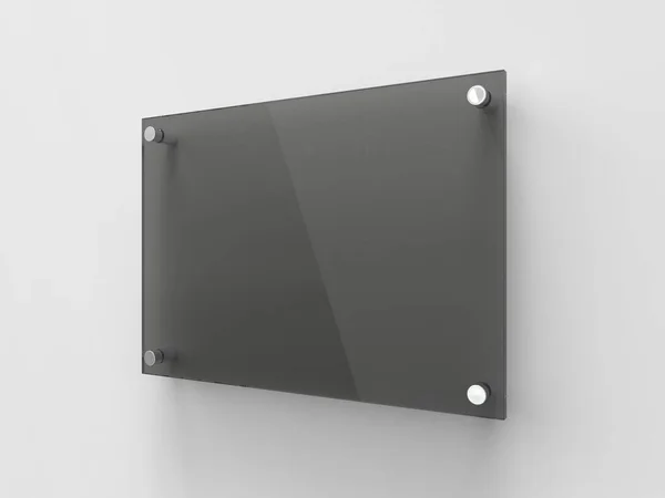 Plantilla de placa de señalización corporativa de oficina de vidrio transparente negro A4 en blanco, tablero de impresión claro para marca, logotipo. Publicidad acrílica transparente letrero vista lateral maqueta. Renderizado 3D —  Fotos de Stock