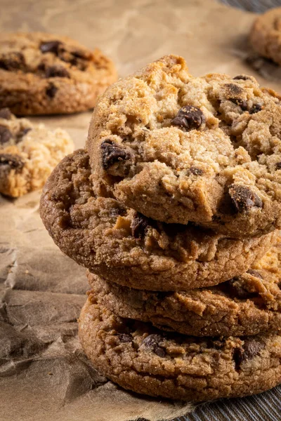 Freshly Baked Chocolate Chip Cookies Wooden Table Place Text Copy — Stock Photo, Image