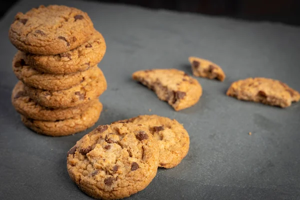 Freshly Baked Chocolate Chip Cookies Dark Stone Place Text Copy — Stock Photo, Image