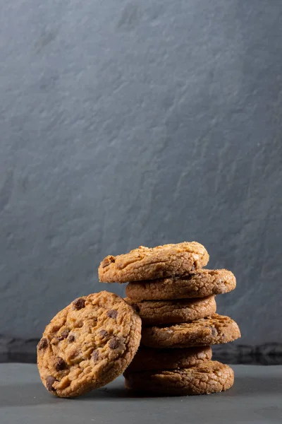 Freshly Baked Chocolate Chip Cookies Dark Stone Place Text Copy — Stock Photo, Image