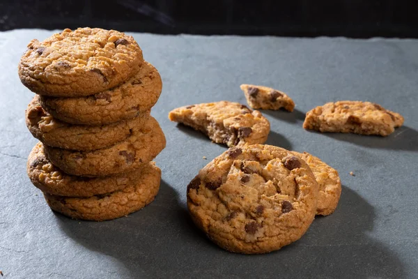 Freshly Baked Chocolate Chip Cookies Dark Stone Place Text Copy — Stock Photo, Image