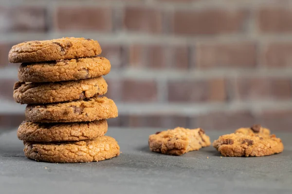 Freshly Baked Chocolate Chip Cookies Stone Table Place Text Copy — Stock Photo, Image