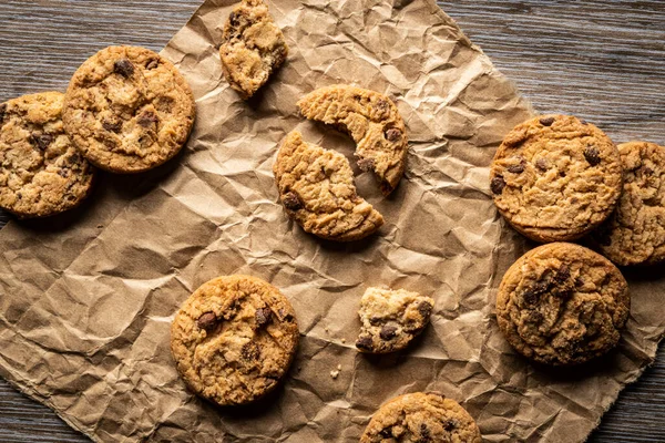 Freshly Baked Chocolate Chip Cookies Wooden Table Place Text Copy — Stock Photo, Image