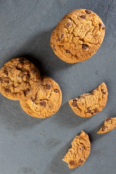 Freshly Baked Chocolate Chip Cookies Dark Stone Place Text Copy — Stock Photo, Image