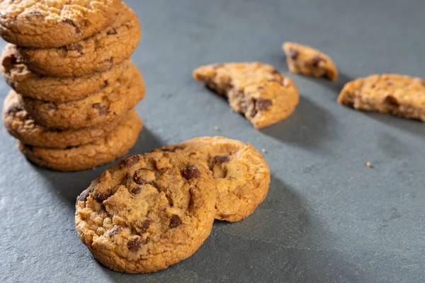 Freshly Baked Chocolate Chip Cookies Dark Stone Place Text Copy — Stock Photo, Image