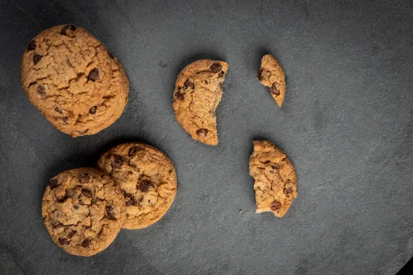 Freshly Baked Chocolate Chip Cookies Dark Stone Place Text Copy — Stock Photo, Image