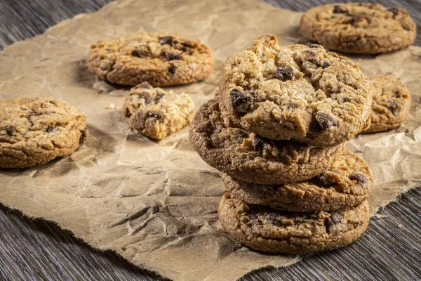 Freshly Baked Chocolate Chip Cookies Wooden Table Place Text Copy — Stock Photo, Image