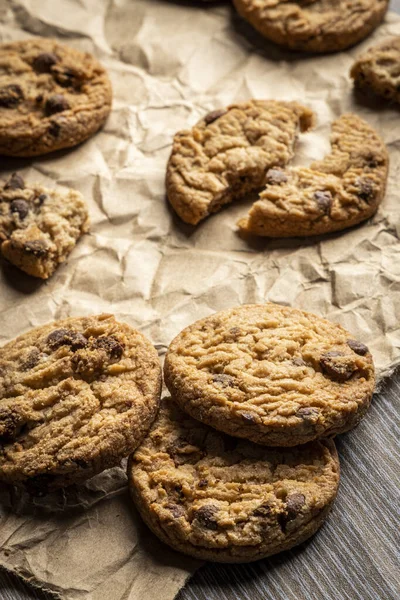 Freshly Baked Chocolate Chip Cookies Wooden Table Place Text Copy — Stock Photo, Image