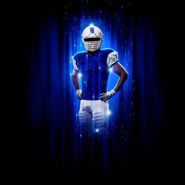 Football Player Player Superhero Pose Wearing Blue Uniform Black Background — Stock Photo, Image