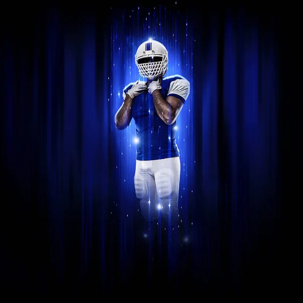 Football Player Player Superhero Pose Wearing Blue Uniform Black Background — Stock Photo, Image