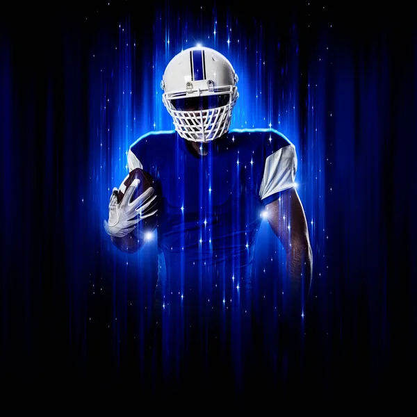 Football Player Player Superhero Pose Wearing Blue Uniform Black Background — Stock Photo, Image