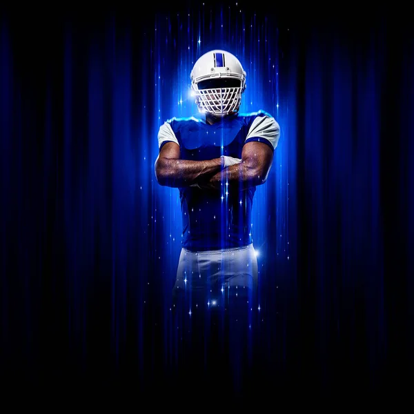 Football Player Player Superhero Pose Wearing Blue Uniform Black Background — Stock Photo, Image