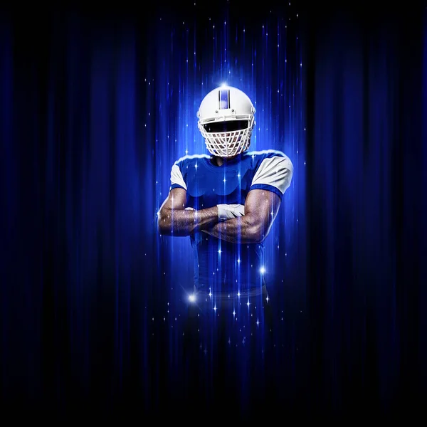 Jogador Futebol Com Uma Pose Super Herói Vestindo Uniforme Azul — Fotografia de Stock