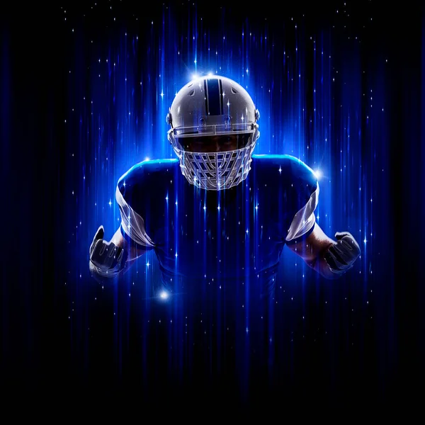 Football Player Player Superhero Pose Wearing Blue Uniform Black Background — Stock Photo, Image