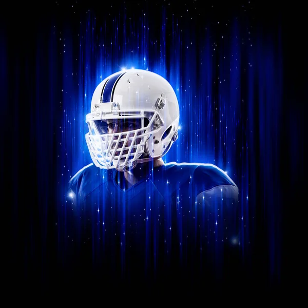 Football Player Player Superhero Pose Wearing Blue Uniform Black Background — Stock Photo, Image