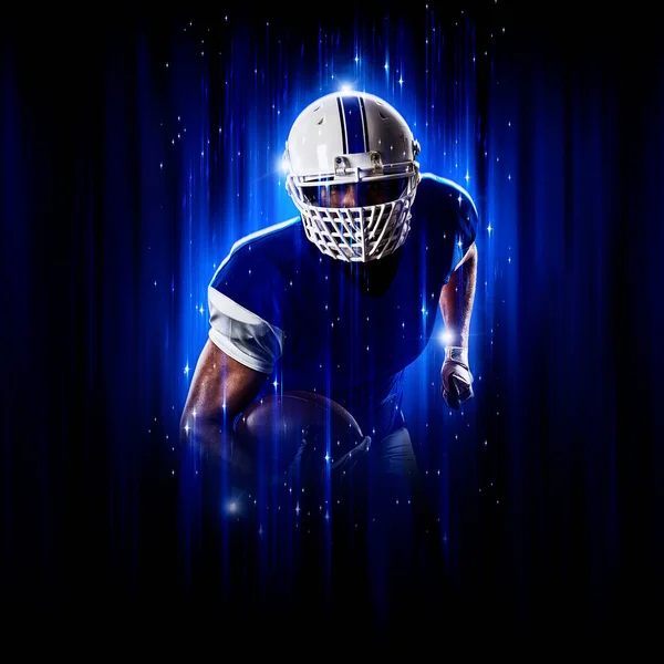 Football Player Player Superhero Pose Wearing Blue Uniform Black Background — Stock Photo, Image