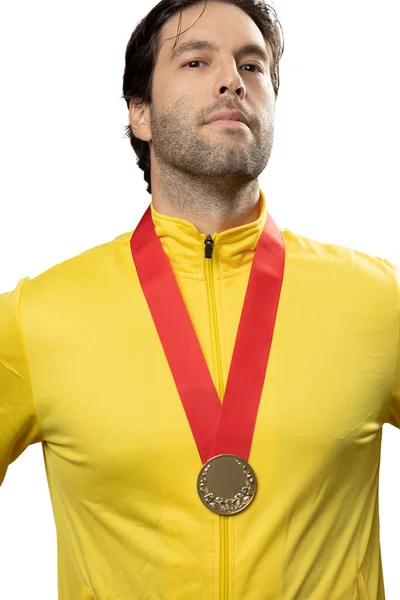 Atleta Masculino Sorrindo Depois Ganhar Uma Medalha Ouro Fundo Branco — Fotografia de Stock