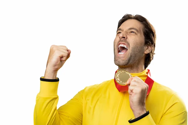 Atleta Masculino Sonriendo Después Ganar Una Medalla Oro Fondo Blanco —  Fotos de Stock