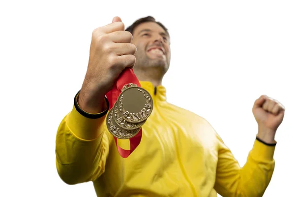 Atleta Masculino Sorrindo Depois Ganhar Uma Medalha Ouro Fundo Branco — Fotografia de Stock