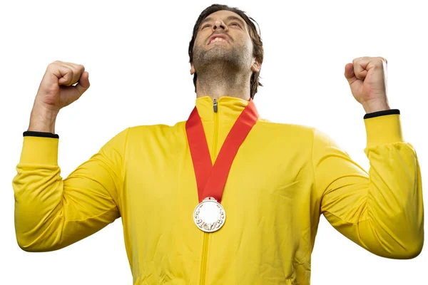 Atleta Masculino Sorrindo Depois Ganhar Uma Medalha Ouro Fundo Branco — Fotografia de Stock