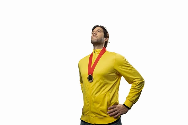 Male Athlete Smiling Winning Gold Medal White Background Sportsman Medal — Stock Photo, Image