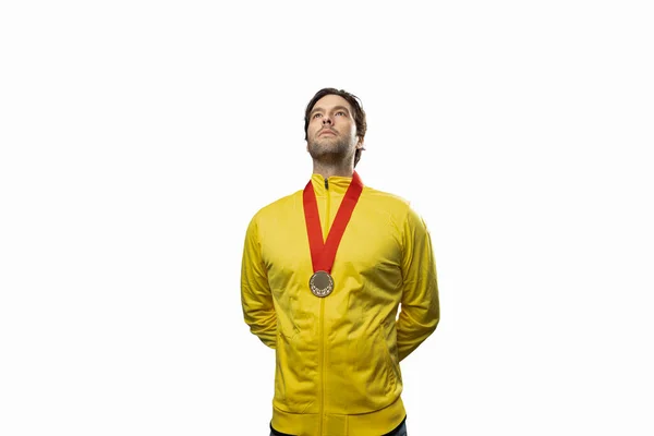 Male Athlete Smiling Winning Gold Medal White Background Sportsman Medal — Stock Photo, Image