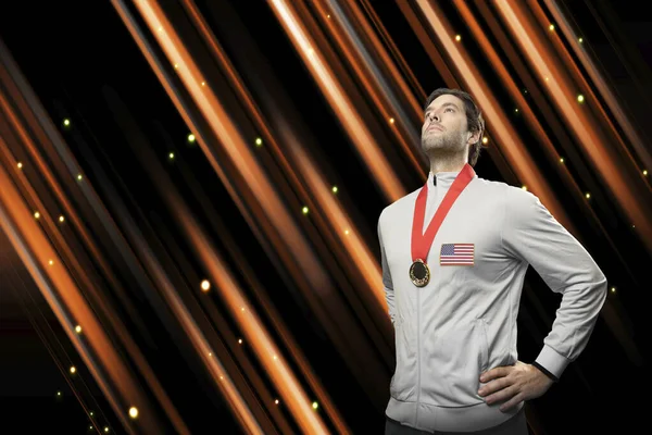 American Male Athlete Smiling Winning Gold Medal Stadium Sportsman Medal — Stock Photo, Image