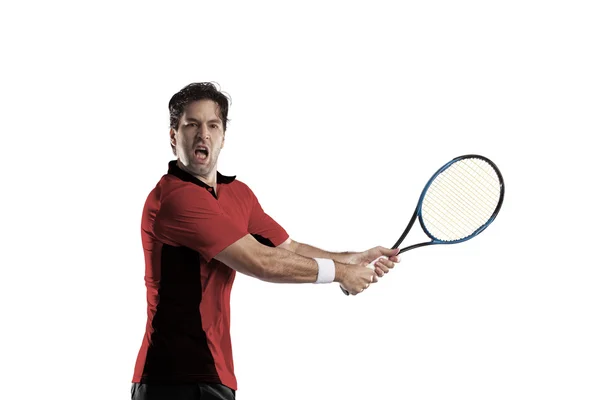 Kırmızı bir gömlek ile tenis oyuncusu. — Stok fotoğraf