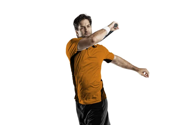 Παίκτης του τένις με ένα πορτοκαλί πουκάμισο. — Φωτογραφία Αρχείου