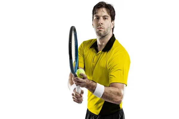 Sarı bir gömlek ile tenis oyuncusu — Stok fotoğraf