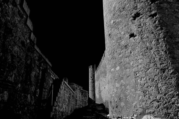 Vistas Das Paredes Castelo Atalaya Cidade Villena Preto Branco Alicante — Fotografia de Stock