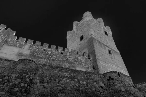 Vistas Las Murallas Del Castillo Atalaya Localidad Villena Blanco Negro — Foto de Stock