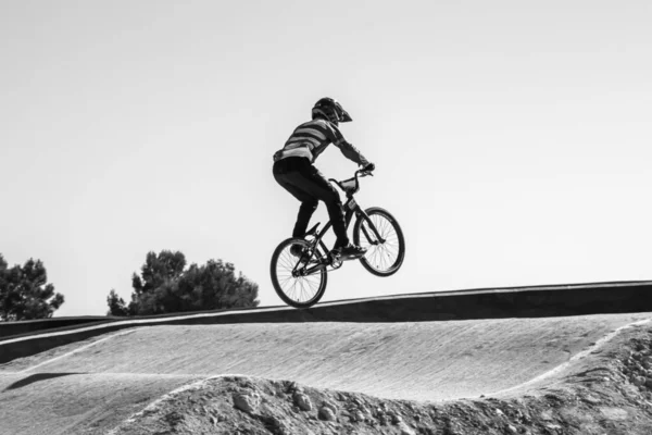 Young Boy Jumping Bmx Bike Black White Circuit — Stock Photo, Image