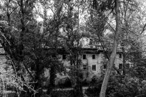Stara Opuszczona Fabryka Korycie Rzeki Banyeres Mariola Czerni Bieli Alicante — Zdjęcie stockowe