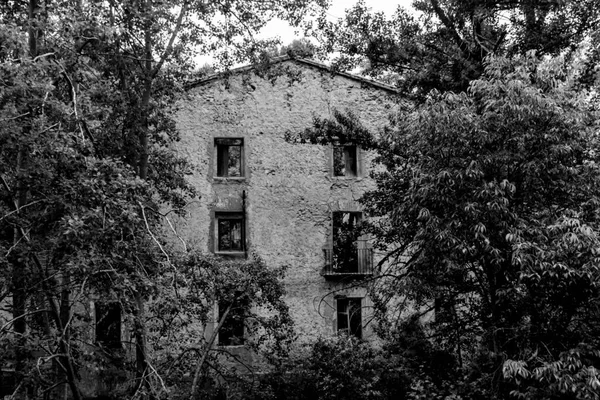 Velha Fábrica Abandonada Leito Rio Banyeres Mariola Preto Branco Alicante — Fotografia de Stock