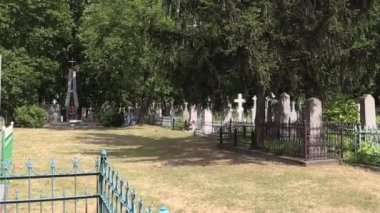 Mezarlık ağaçların mezar haçlar yaz