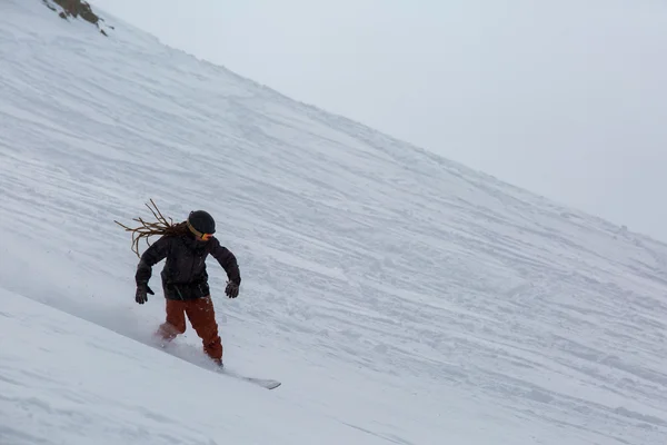 Snowboard masculino snowboard na neve fresca — Fotografia de Stock
