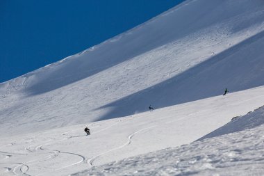 Erkek Snowboard Snowboard taze beyaz kar üzerinde