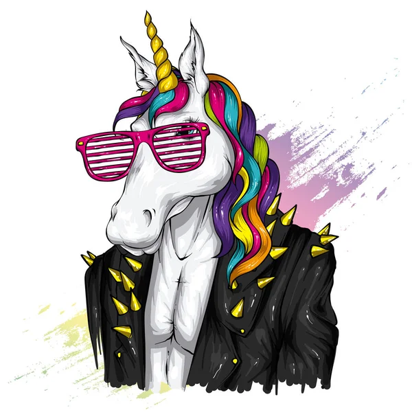 Hermoso Unicornio Una Elegante Chaqueta Con Pinchos Ilustración Vectorial Para — Archivo Imágenes Vectoriales