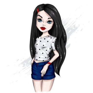 Şık giyinmiş güzel bir kız. Moda, tarz, giysi ve aksesuarlar. Bir kartpostal ya da poster için resim, yazdırma.