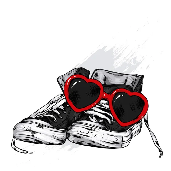 Sneakers Και Γυαλιά Σχήμα Καρδιάς Παπούτσια Και Αξεσουάρ Ημέρα Του — Διανυσματικό Αρχείο