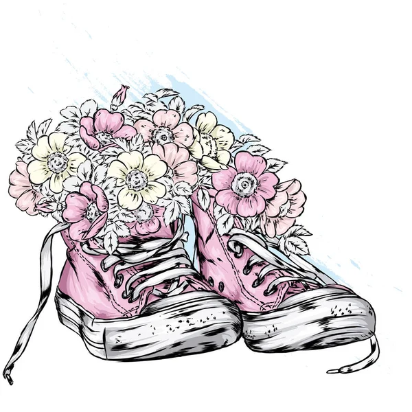 Superbes Baskets Roses Dessinées Main Illustration Vectorielle Pour Une Carte — Image vectorielle