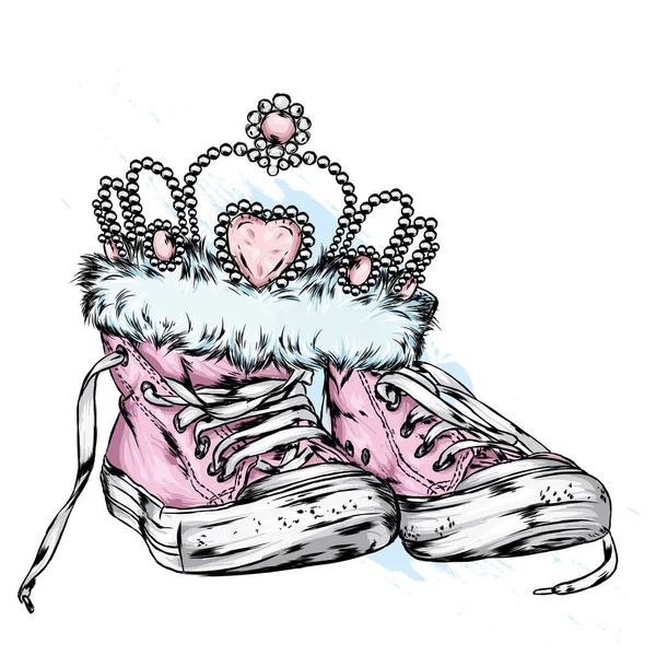 Crown Tiara Sneakers Vector Illustration Postcard Poster Print Clothes Princess — Stock Vector