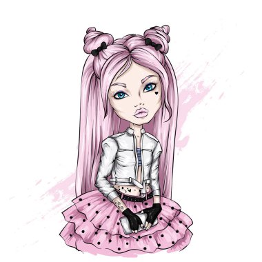 Güzel bir ceket ve etek giymiş güzel bir kız. Kartpostal ya da kıyafet üzerindeki bir parmak izi için resim. Moda ve tarz, aksesuarlar.