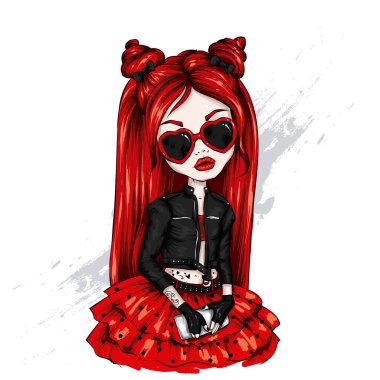 Zarif ceketli, etekli ve kalpli gözlüklü güzel bir kız. Kartpostal ya da kıyafet üzerindeki bir parmak izi için resim. Moda ve tarz, aksesuarlar.